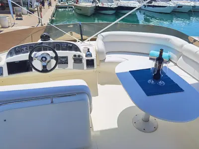 Cockpit of Emily Grace II, a Rodman 41 Fly motor yacht at Port d'Andratx, Spain