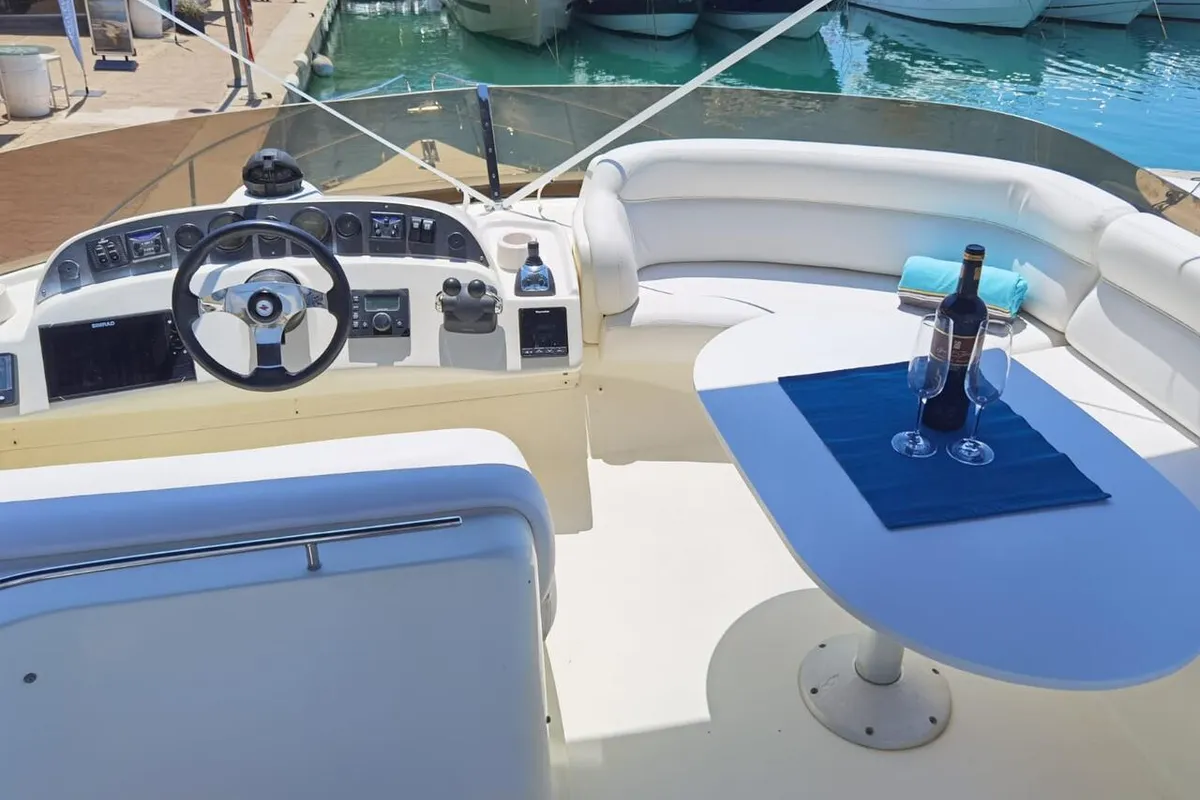 Cockpit of Emily Grace II, a Rodman 41 Fly motor yacht at Port d'Andratx, Spain