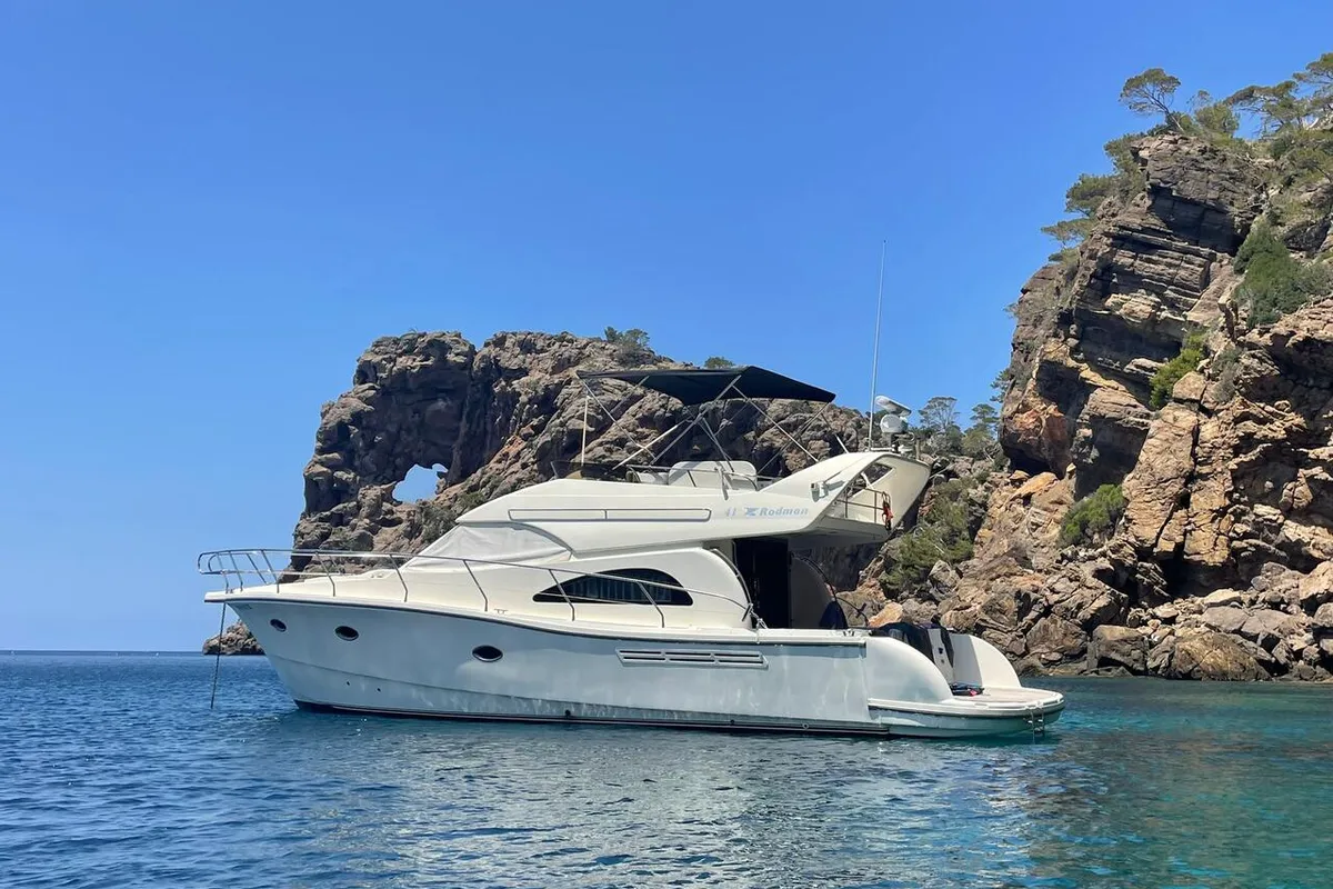 Exterior view of Emily Grace II, a Rodman 41 Fly motor yacht at Port d'Andratx, Spain
