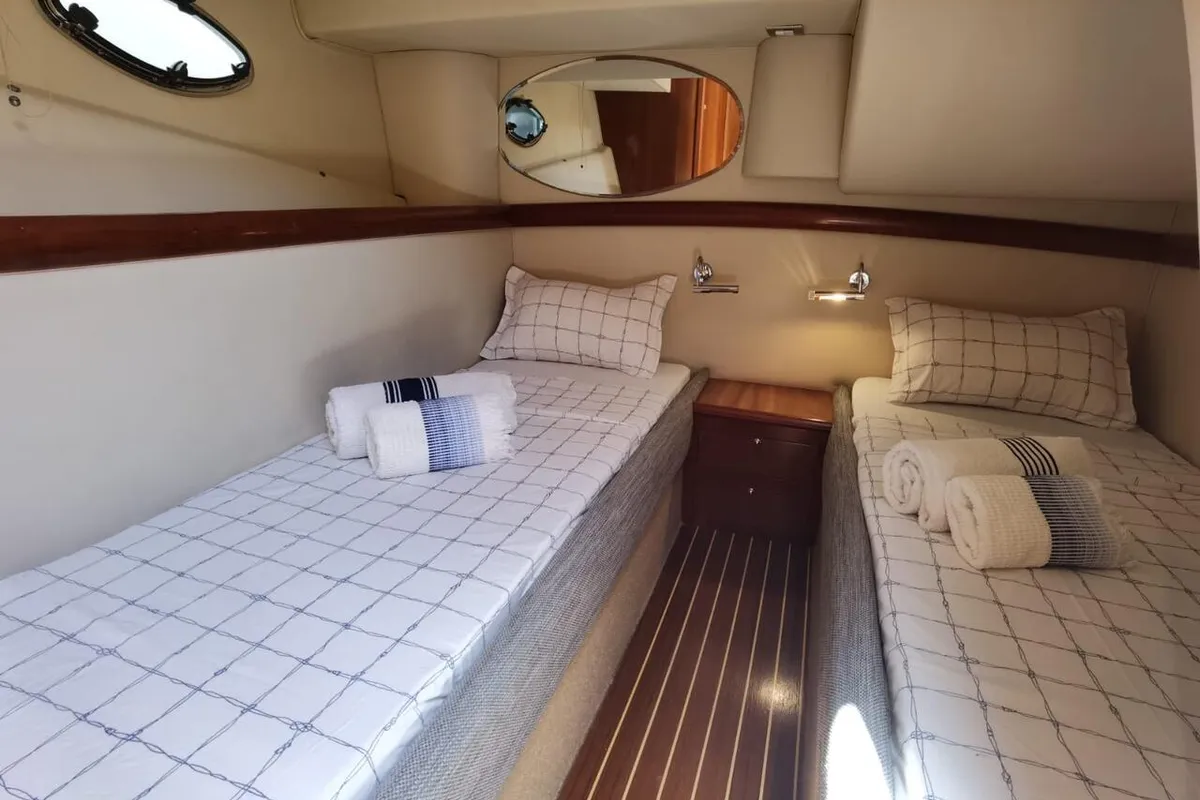 Cabin on Emily Grace II, a Rodman 41 Fly motor yacht at Port d'Andratx, Spain