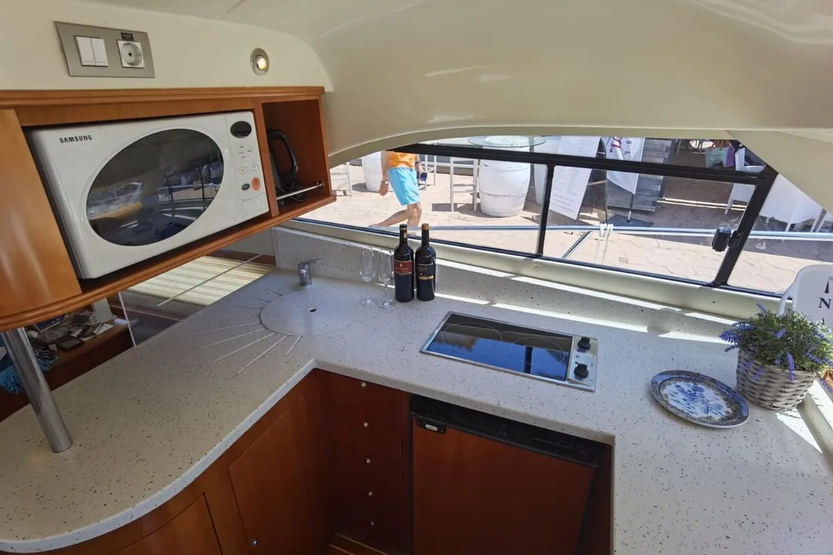 Galley of Emily Grace II, a Rodman 41 Fly motor yacht at Port d'Andratx, Spain