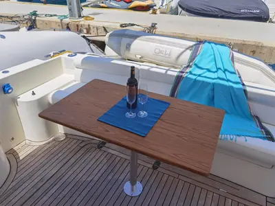 Deck of Emily Grace II, a Rodman 41 Fly motor yacht at Port d'Andratx, Spain