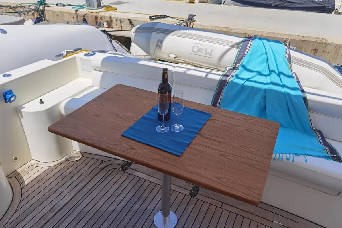 Deck of Emily Grace II, a Rodman 41 Fly motor yacht at Port d'Andratx, Spain