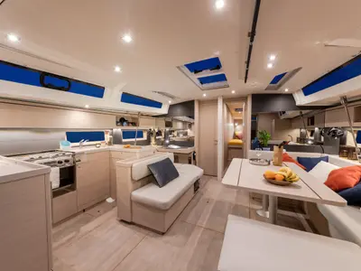 Salon of Sunsail 52.4 Classic, a Beneteau Oceanis 51.1 sailboat at Procida, Italy