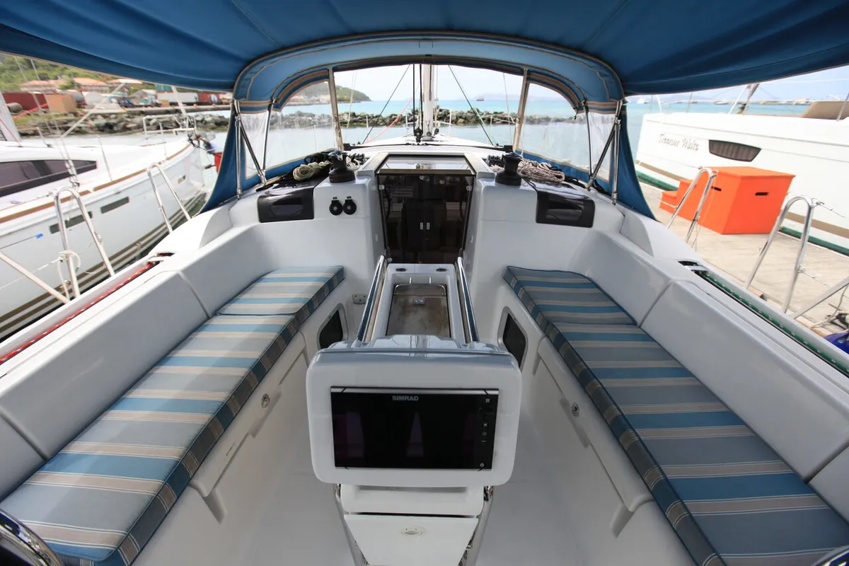 Cockpit of Jillsee, a Jeanneau Sun Odyssey 419 sailboat at Road Town, British Virgin Islands
