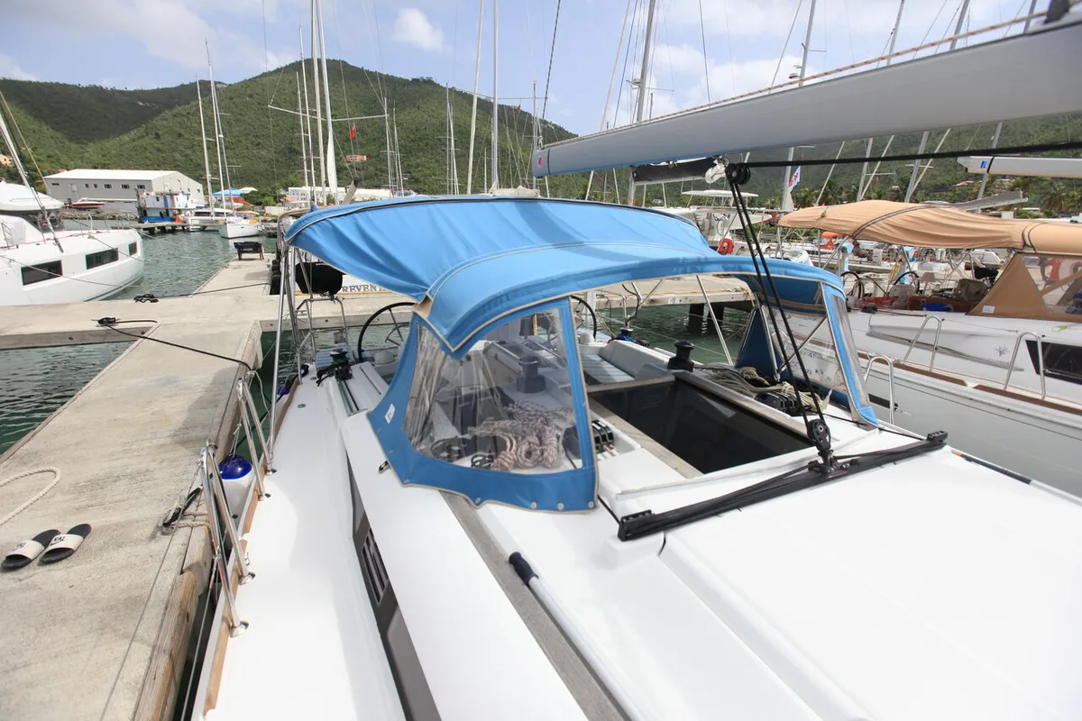 Deck of Jillsee, a Jeanneau Sun Odyssey 419 sailboat at Road Town, British Virgin Islands