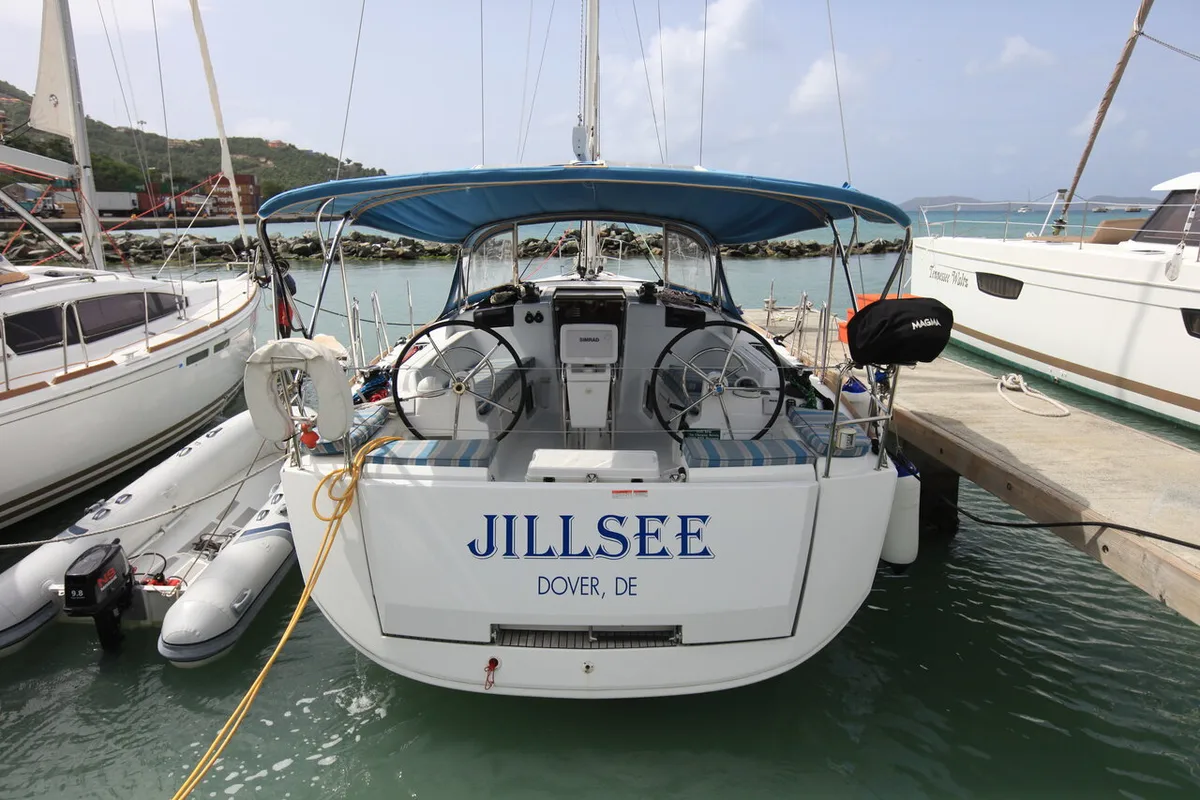 Exterior view of Jillsee, a Jeanneau Sun Odyssey 419 sailboat at Road Town, British Virgin Islands