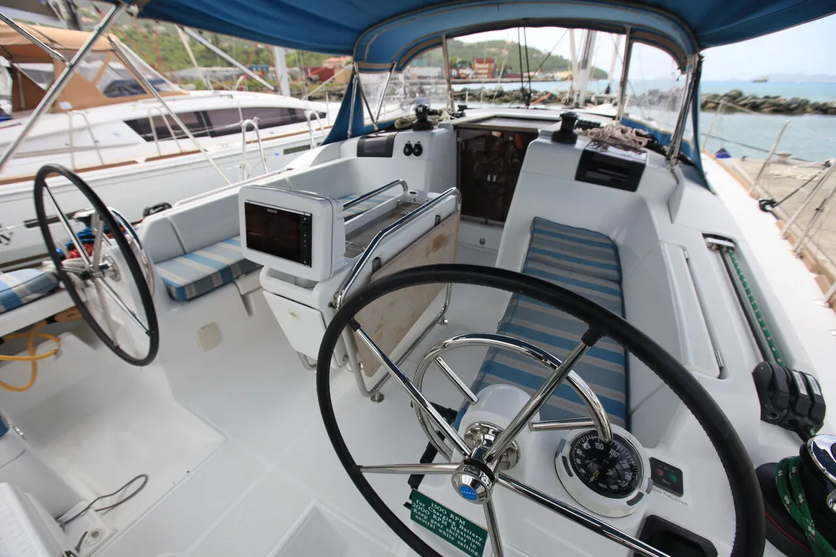 Cockpit of Jillsee, a Jeanneau Sun Odyssey 419 sailboat at Road Town, British Virgin Islands