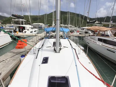 Deck of Jillsee, a Jeanneau Sun Odyssey 419 sailboat at Road Town, British Virgin Islands