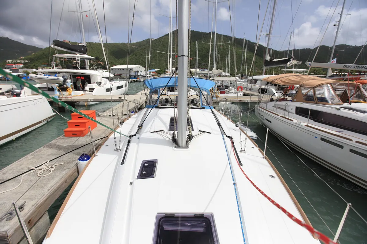Deck of Jillsee, a Jeanneau Sun Odyssey 419 sailboat at Road Town, British Virgin Islands