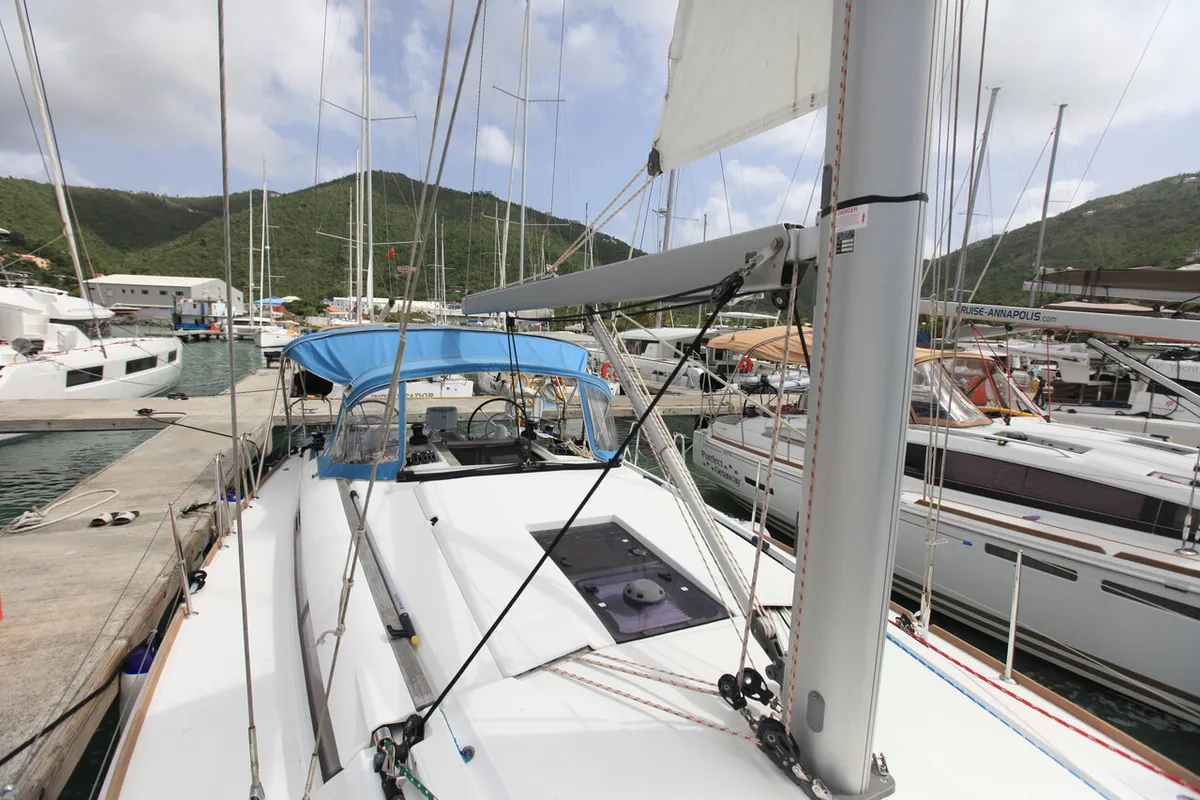 Deck of Jillsee, a Jeanneau Sun Odyssey 419 sailboat at Road Town, British Virgin Islands