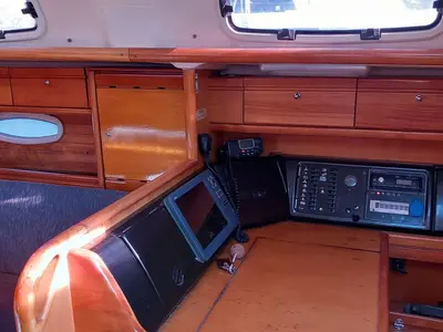 Cockpit of Prestige M48, a Bavaria 46 Cruiser sailboat at Grad Trogir, Croatia