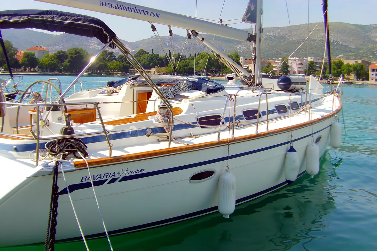 Exterior view of Prestige M48, a Bavaria 46 Cruiser sailboat at Grad Trogir, Croatia