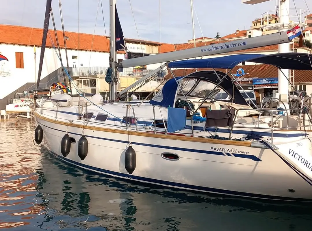 Exterior view of Prestige M48, a Bavaria 46 Cruiser sailboat at Grad Trogir, Croatia
