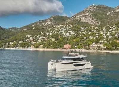 Exterior view of Prestige M48, a catamaran at Capo d'Orlando, Italy