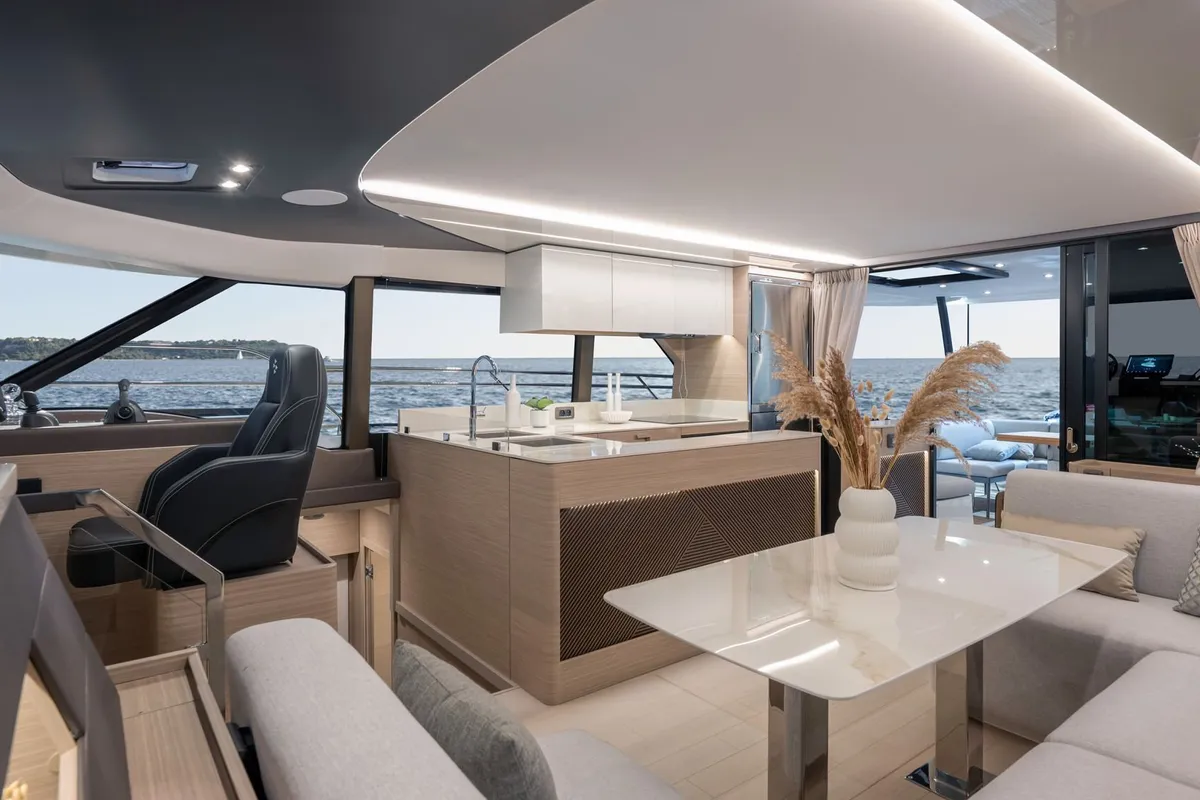 Salon of Prestige M48, a catamaran at Capo d'Orlando, Italy