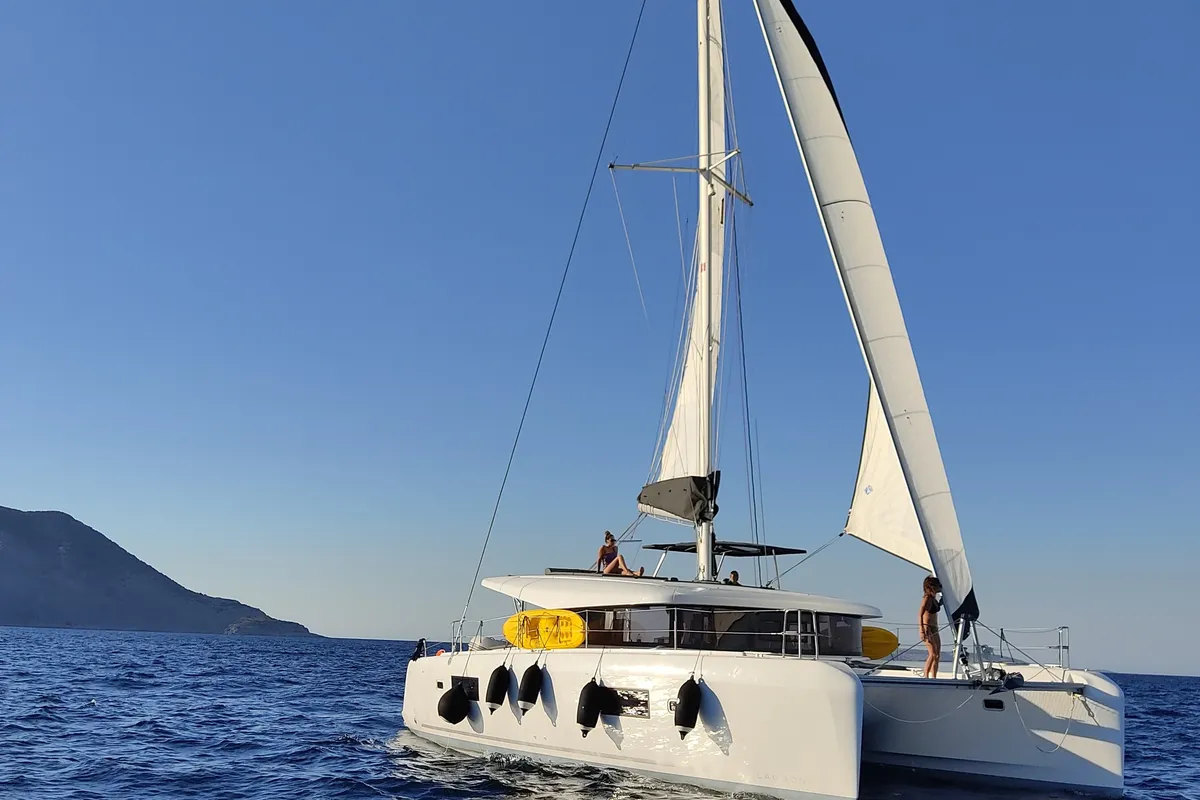 Exterior view of Aenaos, a Lagoon 42 catamaran at Kos, Greece