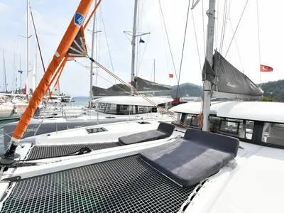Deck of Patara, a Excess 11 - 4 + 1 + 1 cab. catamaran at Fethiye, Turkey