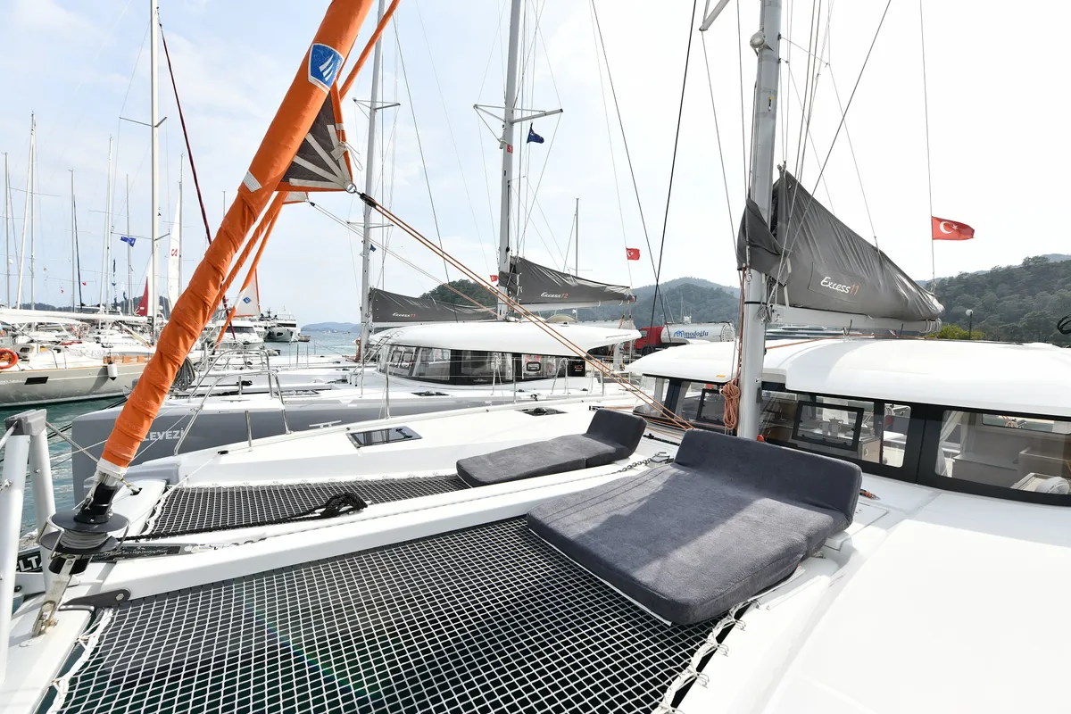 Deck of Patara, a Excess 11 - 4 + 1 + 1 cab. catamaran at Fethiye, Turkey