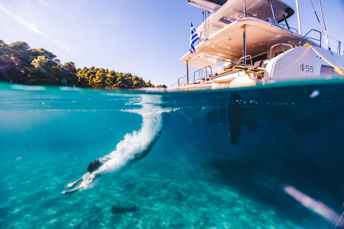 Exterior view of HUMBLE ONE, a Lagoon 55 catamaran at Lefkada, Greece