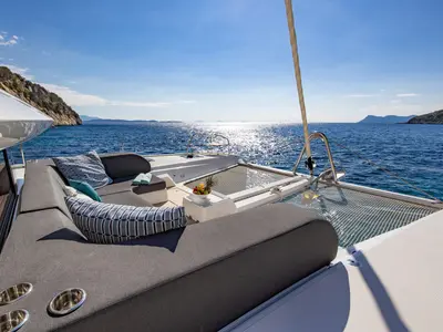 Deck of HUMBLE ONE, a Lagoon 55 catamaran at Lefkada, Greece