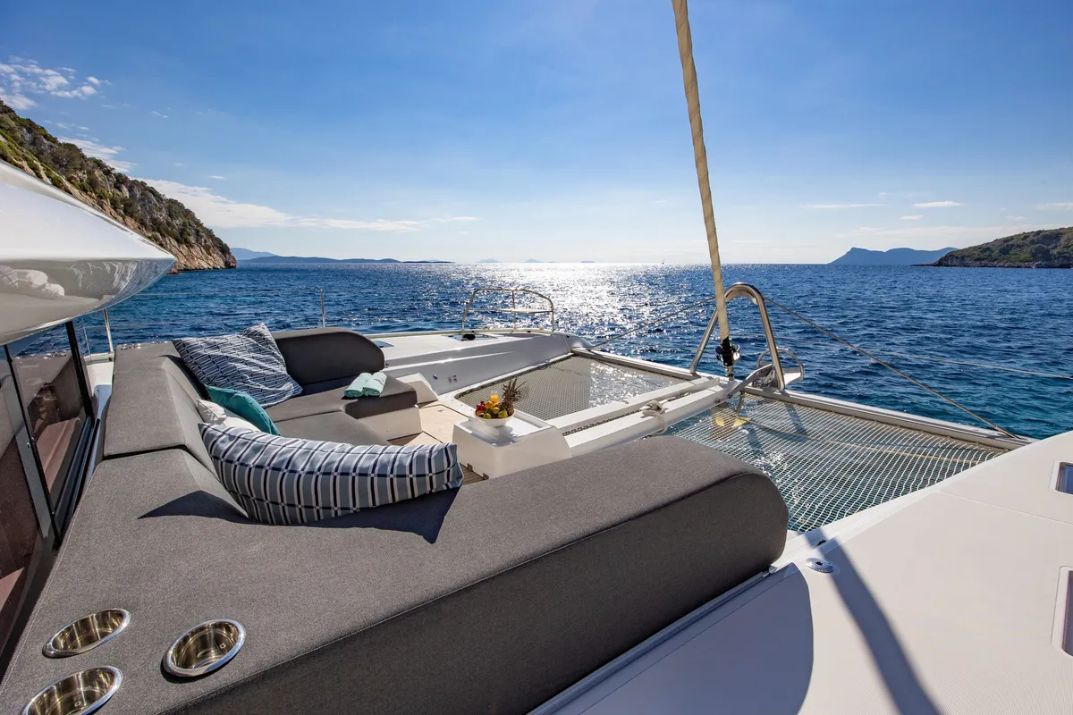 Deck of HUMBLE ONE, a Lagoon 55 catamaran at Lefkada, Greece