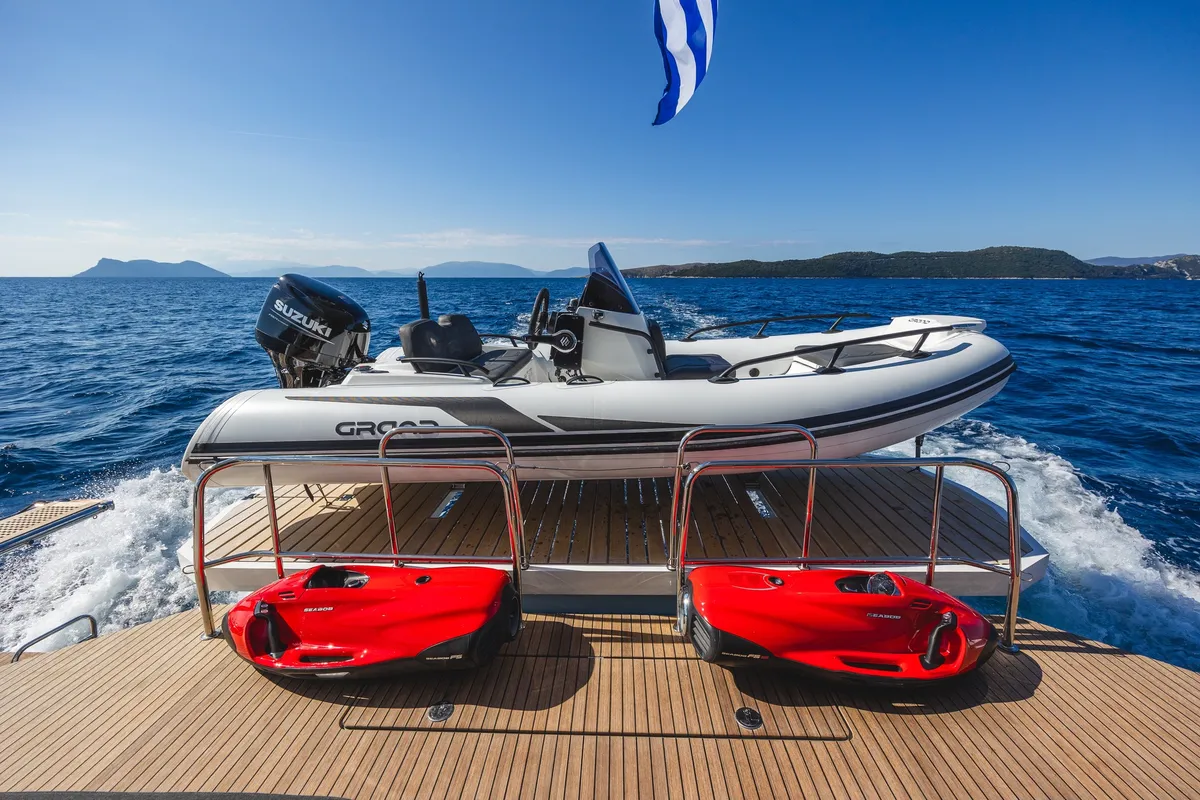 Deck of HUMBLE ONE, a Lagoon 55 catamaran at Lefkada, Greece