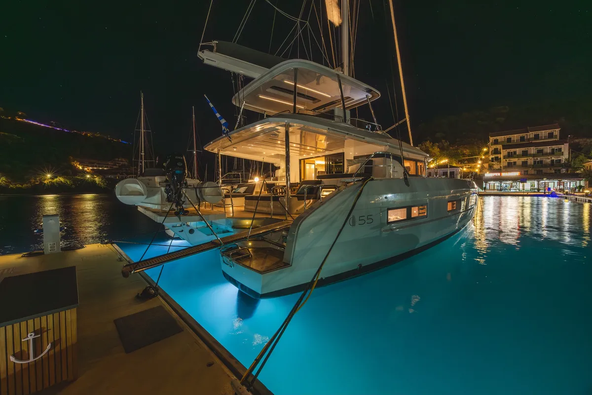 Exterior view of HUMBLE ONE, a Lagoon 55 catamaran at Lefkada, Greece