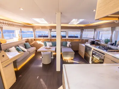 Salon of HUMBLE ONE, a Lagoon 55 catamaran at Lefkada, Greece