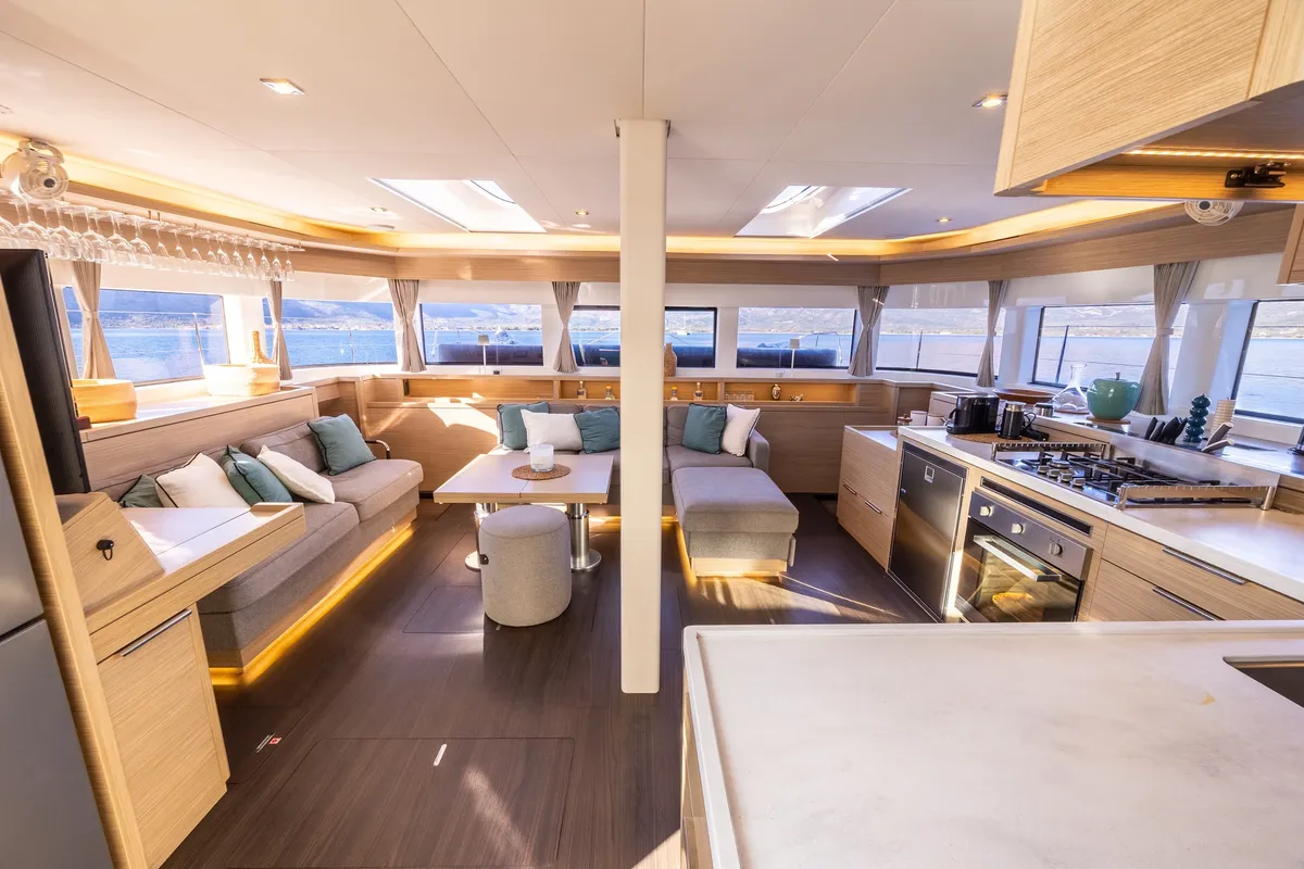 Salon of HUMBLE ONE, a Lagoon 55 catamaran at Lefkada, Greece