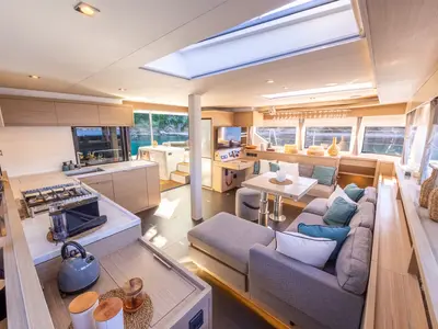 Galley of HUMBLE ONE, a Lagoon 55 catamaran at Lefkada, Greece