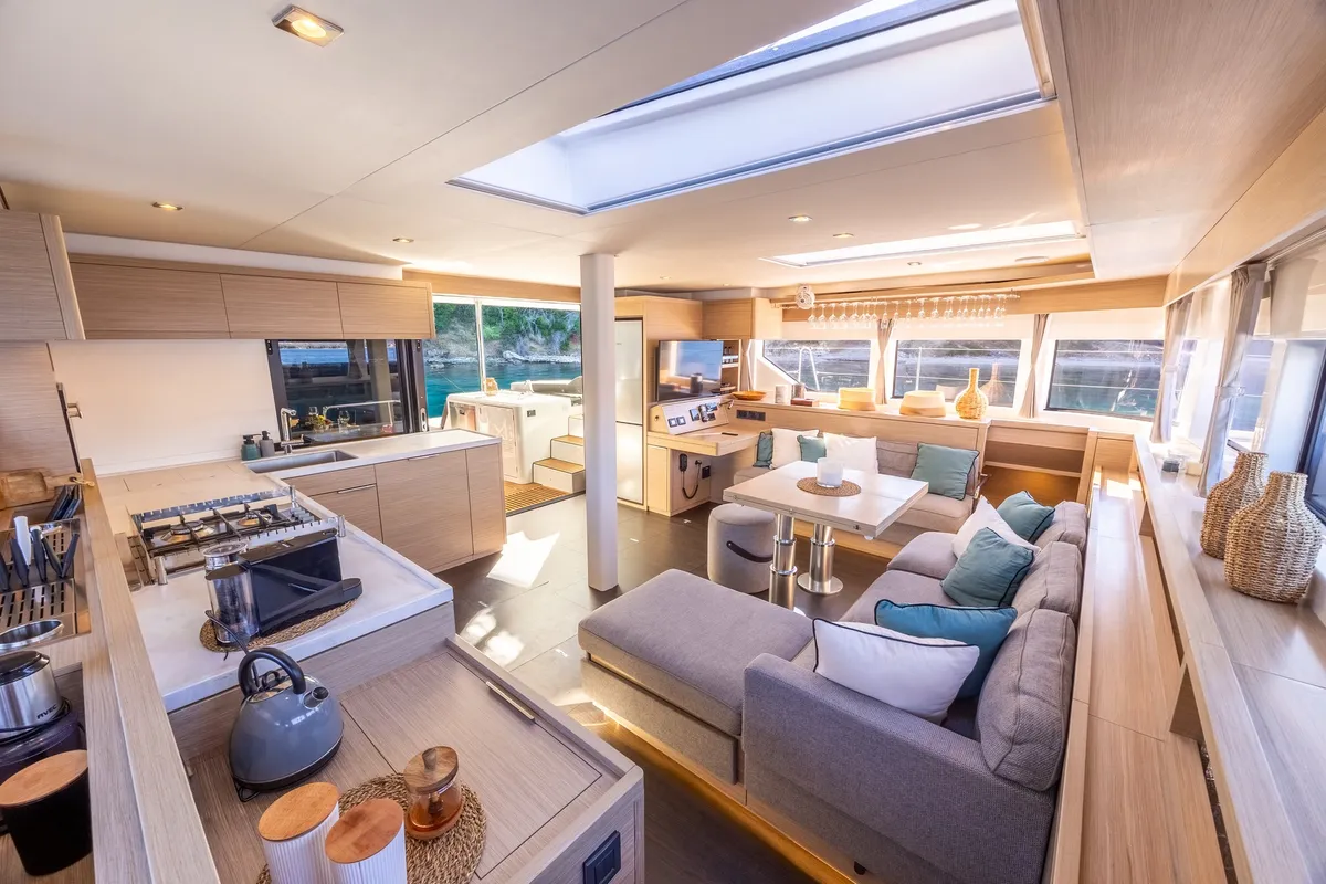 Galley of HUMBLE ONE, a Lagoon 55 catamaran at Lefkada, Greece