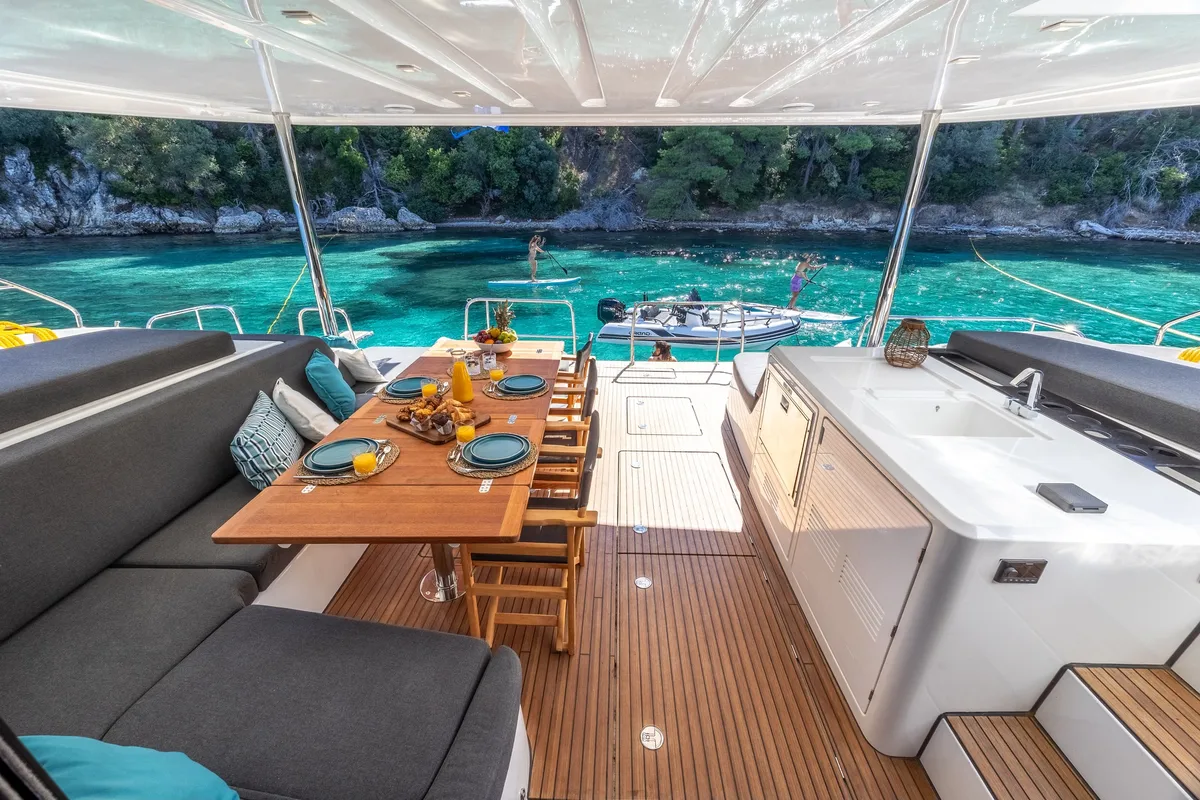 Deck of HUMBLE ONE, a Lagoon 55 catamaran at Lefkada, Greece