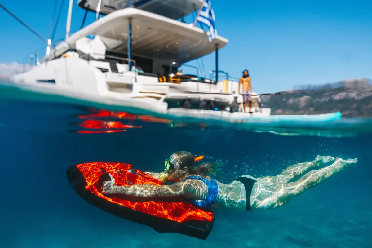 Exterior view of HUMBLE ONE, a Lagoon 55 catamaran at Lefkada, Greece