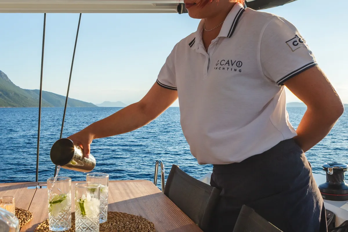 Deck of HUMBLE ONE, a Lagoon 55 catamaran at Lefkada, Greece