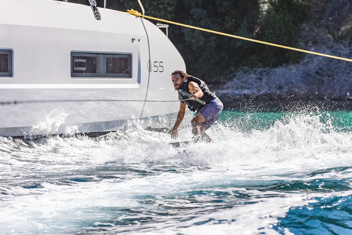 Exterior view of HUMBLE ONE, a Lagoon 55 catamaran at Lefkada, Greece