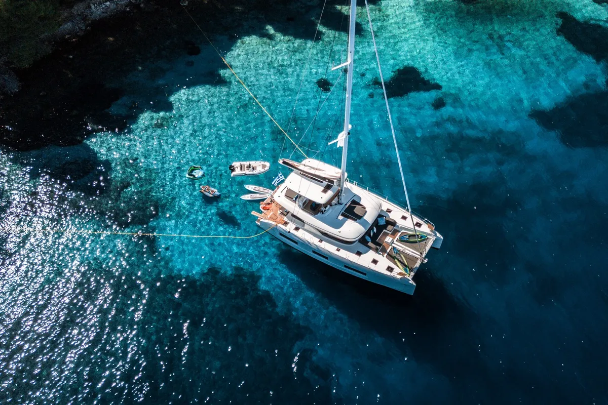Exterior view of HUMBLE ONE, a Lagoon 55 catamaran at Lefkada, Greece