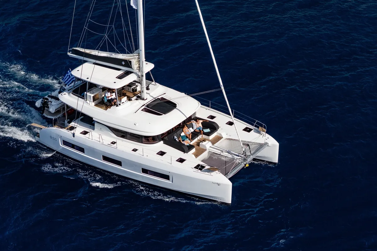 Exterior view of HUMBLE ONE, a Lagoon 55 catamaran at Lefkada, Greece