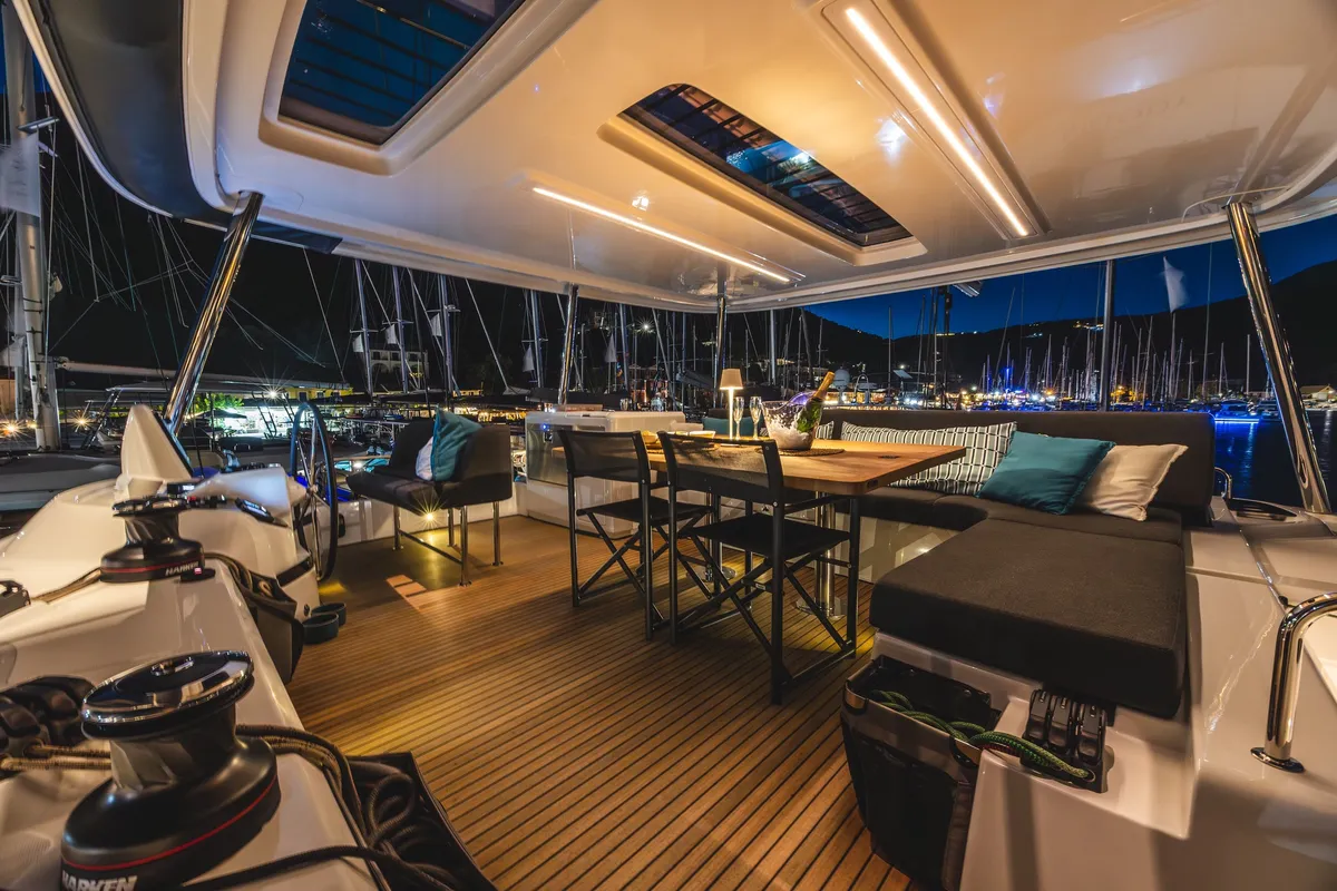Deck of HUMBLE ONE, a Lagoon 55 catamaran at Lefkada, Greece