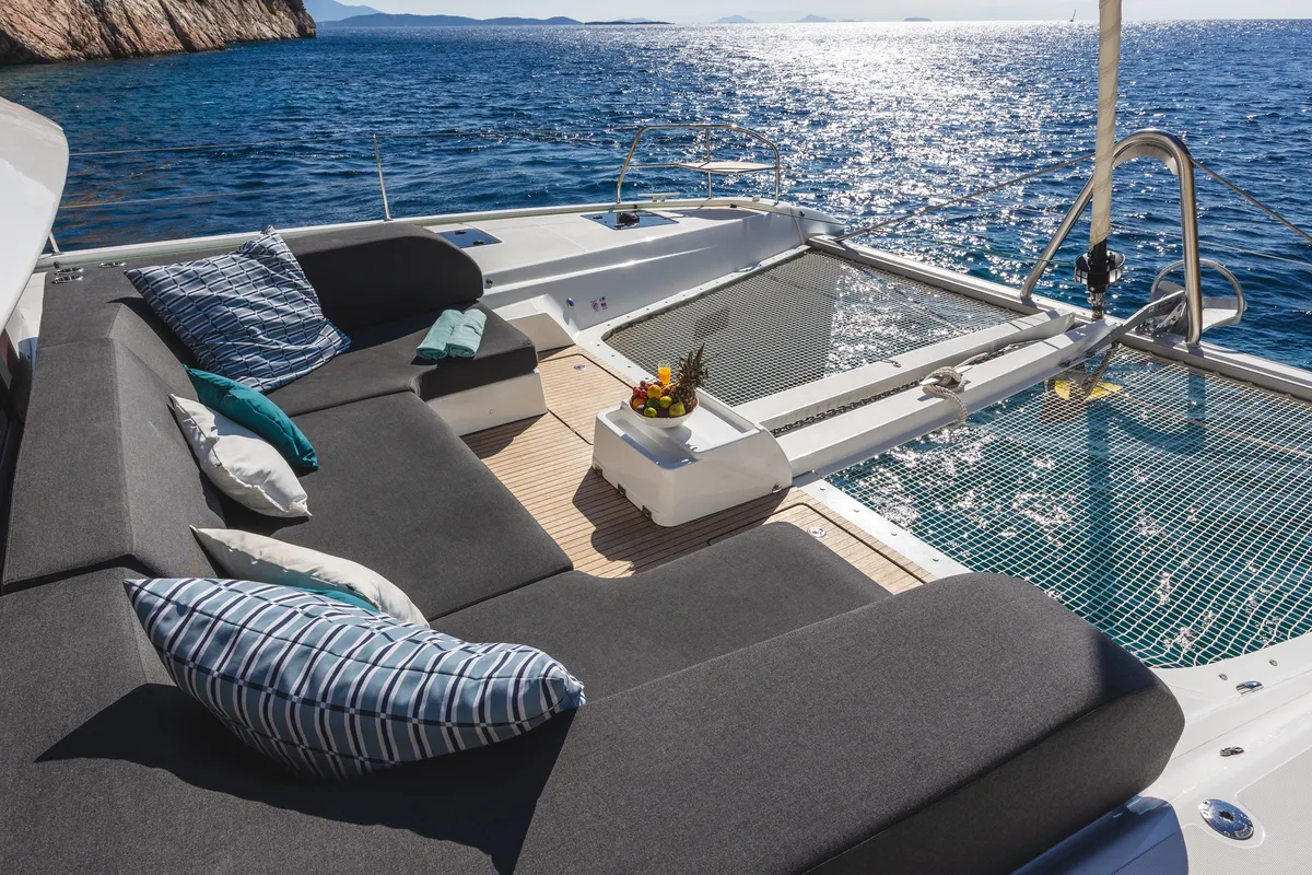 Deck of HUMBLE ONE, a Lagoon 55 catamaran at Lefkada, Greece