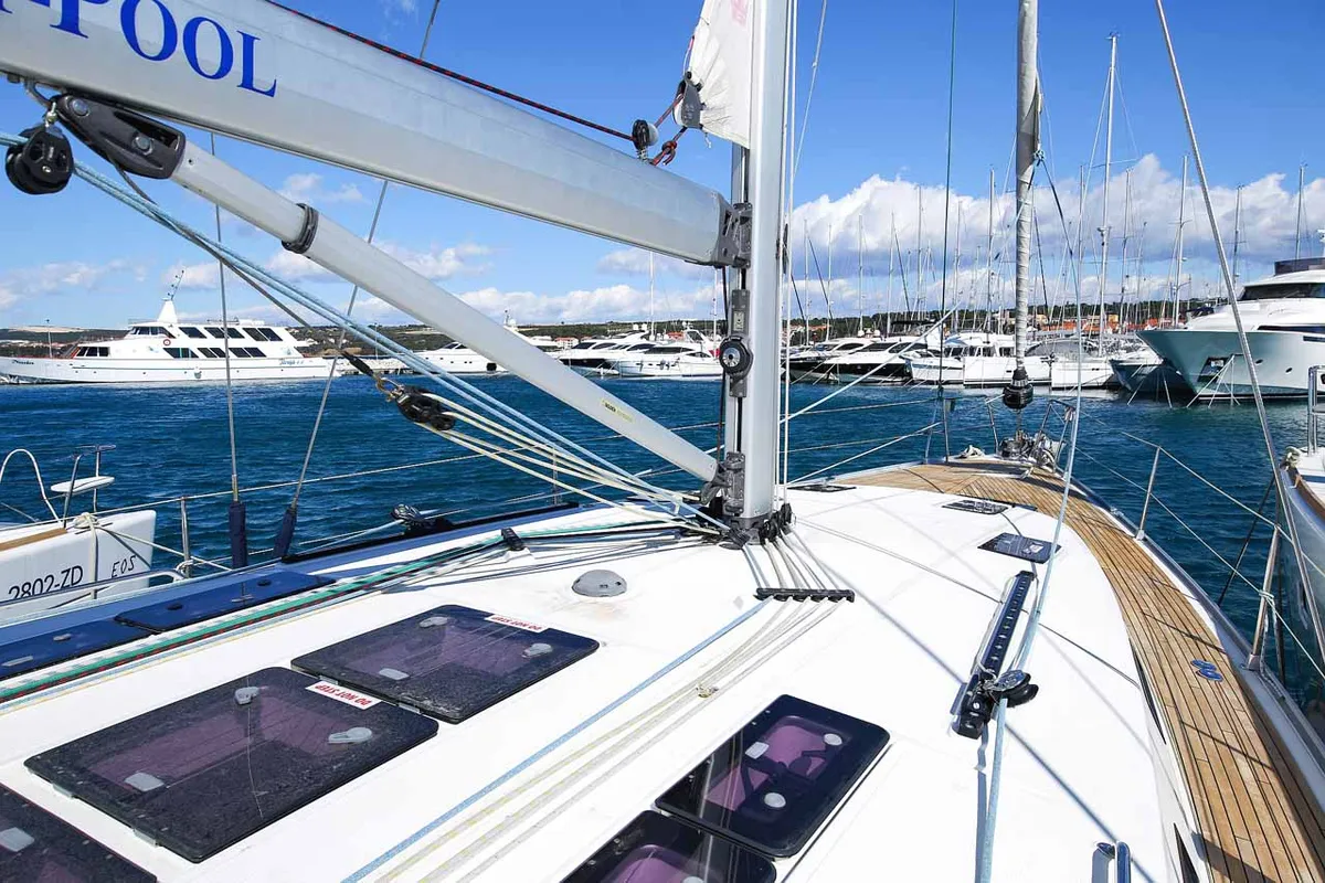 Deck of Godspeed, a Bavaria Cruiser 50 Avantgarde sailboat at Murter, Croatia