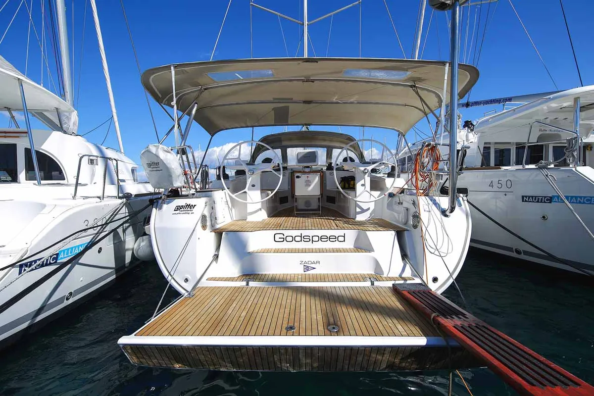 Exterior view of Godspeed, a Bavaria Cruiser 50 Avantgarde sailboat at Murter, Croatia