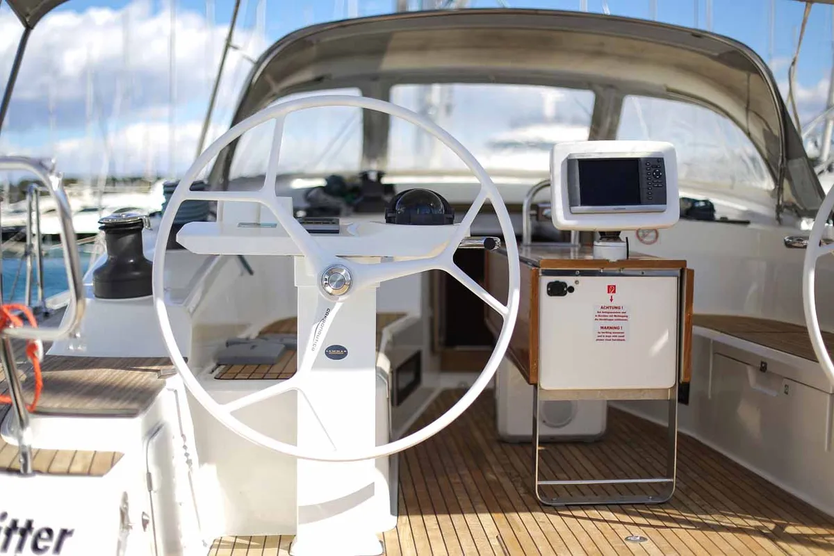 Cockpit of Godspeed, a Bavaria Cruiser 50 Avantgarde sailboat at Murter, Croatia