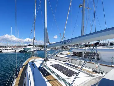 Deck of Godspeed, a Bavaria Cruiser 50 Avantgarde sailboat at Murter, Croatia