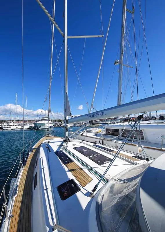 Deck of Godspeed, a Bavaria Cruiser 50 Avantgarde sailboat at Murter, Croatia