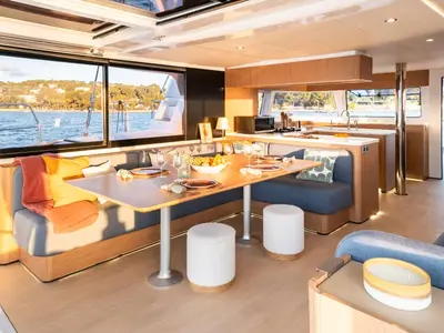 Salon of GIORGOS, a Bali 5.2 catamaran at Nea Peramos, Greece
