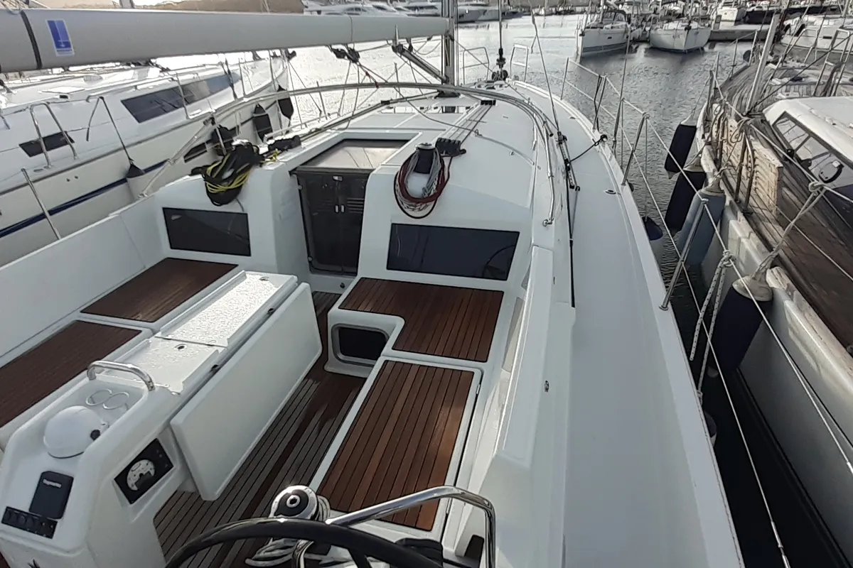 Deck of Silvana D, a Jeanneau Sun Odyssey 440 sailboat at Olbia, Italy