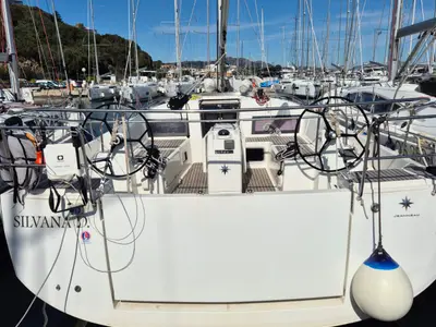 Cockpit of Silvana D, a Jeanneau Sun Odyssey 440 sailboat at Olbia, Italy