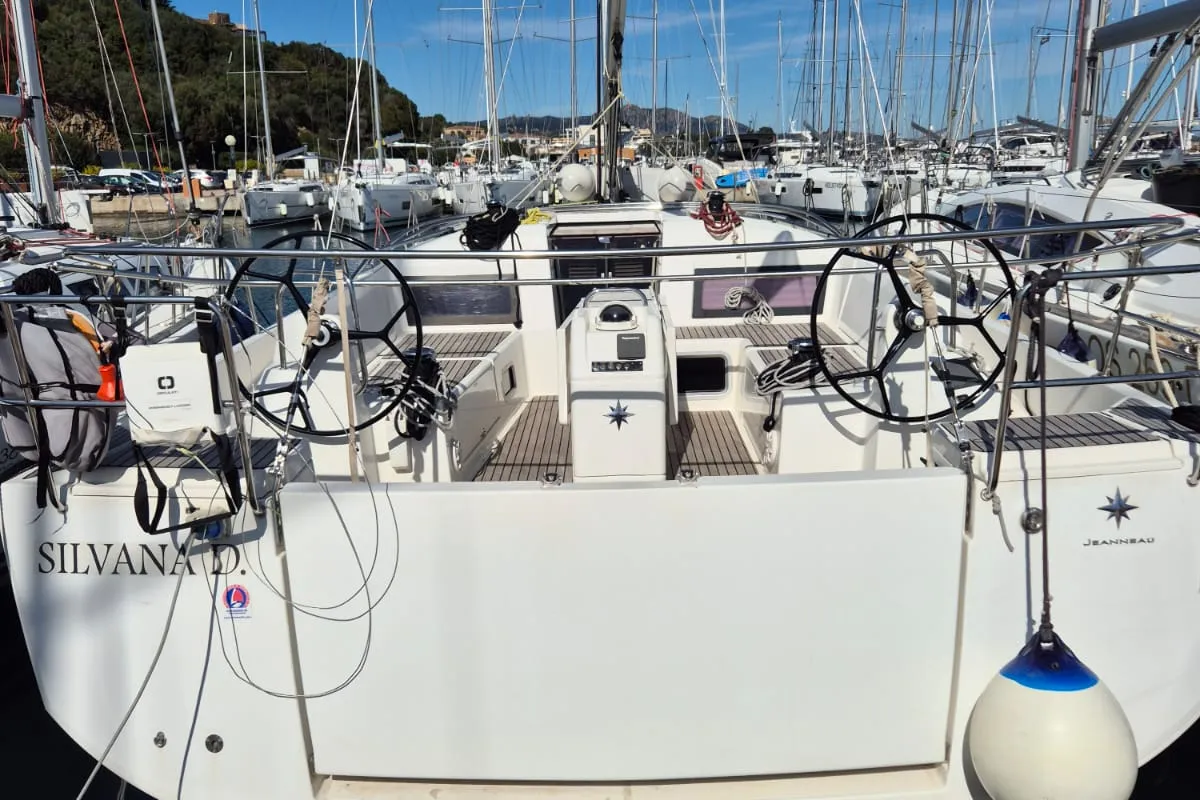 Cockpit of Silvana D, a Jeanneau Sun Odyssey 440 sailboat at Olbia, Italy