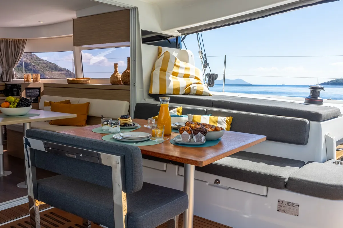 Deck of Solana, a Lagoon 43 catamaran at Municipal Unit of Lefkada, Greece